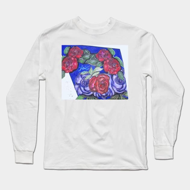 Roses And Blue Long Sleeve T-Shirt by cjkell